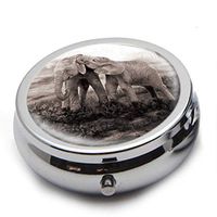Round Stainless Steel Pill Box Case -Cute Elephant Art Pattern- Pocket 2 inches Medicine Tablet Holder Organizer Case for Purse - Compact 3 Compartment