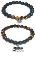 Hidden Hollow Beads Charm Tigers Eye and Black Lava Natural Stone Women's Yoga Beaded Stretch Bracelet Set. Comes in A Gift Box! (Soccer Mom)
