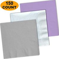 150 Lunch Napkins, Shimmering Silver, Bright White, Lavender - 50 Each Color. 2 Ply Paper Dinner Napkins. 6.5" folded, 13.5" unfolded.