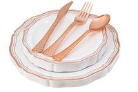 Rose Gold Plates and Plastic Silverware Party Plates 100 Piece White, Rose Gold Rim Dinnerware Set | Service for 20 Includes 20 Dinner & Salad Plates, 20 Forks, Spoons, Knives - Posh Setting