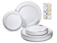 " OCCASIONS" 240 Plates Pack,(120 Guests) Heavyweight Premium Disposable Plastic Plates Set -120 x 10.5'' Dinner + 120 x 7.5'' Salad/Dessert (Celebration in White & Silver)