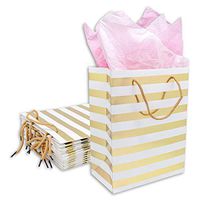 12-Pack Foldable Cardstock Paper Gift Bags with Handles (Small 7", Metallic Gold Foil Stripes) for Presents, Retails or Party Favors by TheDisplayGuys