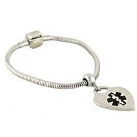 Women's Medical Alert ID Bracelet - Custom Engraving Included, PAN-Dorra Type, Stainless Steel - Heart, Black Size 8.0