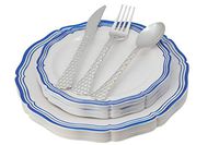 White Blue Plastic Plates & Cutlery Set, 100 Piece Elegant Disposable Dinnerware & Silverware Set| Service for 20|Includes 20 Dinner & Salad Plates, 20 Forks, Spoons, Knives - Posh Setting