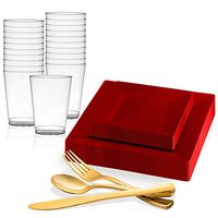 Kaya Collection - Square Candy Red Disposable Plastic Dinnerware Party Package - Includes Dinner Plates, Salad/Dessert Plates, Gold Cutlery, Tumblers (120 Person Package)