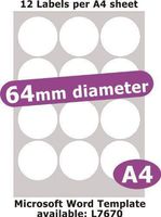 Minilabel 64mm Diameter Round , 60 Labels , Matt Paper , 5 A4 Sheets , Laser Copier Inkjet Stickers