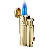 Cigar Lighter with Punch Butane Refillable Lighters 2 Jet Flame Torch Strong Windproof Without Gas (Gold)