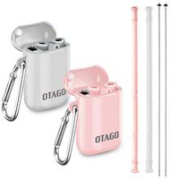 OTAGO 2 Pack Collapsible Reusable Straws, Food-Grade Foldable Silicone Drinking Straw with Portable Case and Cleaning Brush, for Cold Beverage, Coffee and Smoothie（Pink，Gray）