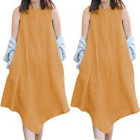 Sleeveless Irregular Dress Women,Mosunx Clothing A Line O-Neck Solid Simple Hide Tummy Loose Sundress Blouse Tank Top (Small, Khaki)