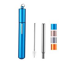 Moseason Portable Reusable Straws-Telescopic Stainless Steel Collapsible Drinking Straw with Aluminum Case & Cleaning Brush.Blue