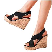 Cenglings Wedge Sandals,Women Plus Size Peep Toe Espadrilles Hollow Out High Heel Pumps Slip On Slingback Buckle Beach Shoes(Black,37)