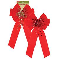 2-Pack Christmas Holiday Bows Red Velvet Bows with Tinsel Decoration 25" Long 11.5", Wide Christmas Holiday Bows for Wreaths, Windows, Doors, Trees or Large Gift Decoration - Indoor/Outdoor use.