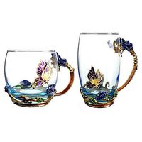 2 Pcs Handicraft Crystal Glass 3D Tea Mug with Spoon Set, Lead Free Handmade Butterfly, Easy to Clean, Used for Hot and Cold Drinks, Tea, Coffee, Lemonade