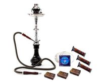 Combo! Black Gini Hookah Shisha 1 Hose + Wind Cover + 100pcs Aluminum + 3 Boxes of Soex Herbal Sheesha 50gr Each Mix + 3 Rolls of Charcoal Coals 10 tabs Each