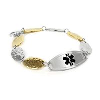 My Identity Doctor - Womens Medical ID Bracelet with Custom Engraving - 1.5cm Gold Tone Steel Petals - Black - Wrist Size 7.25 Inch