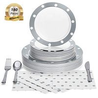 180 Pcs Serves 30, Silver Party Supplies Set | Reusable | No Flimsy Plates Or Weak Cutlery | Polka Dot Disposable Plastic Dinnerware | Includes Dinner Plates, Dessert Plates, Cutlery & 3-Ply Napkins