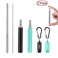 2 Pack Reusable Metal Straws Collapsible Stainless Steel Drinking Straw Portable Telescopic Straw with Case Black/Turquoise