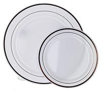 SILVER TRIM DISPOSABLE PLASTIC PLATES | PORCELAIN-LIKE DESIGN & FEEL | PREMIUM HEAVY DUTY DECORATIVE PLASTICWARE FOR WEDDING, THANKSGIVING, ANNIVERSARY, BIRTHDAY PARTIES | 10.25" DINNER PLATES & 7.5"