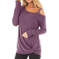 HNTDG Womens Casual Soft Long Sleeves O Neck Side Twist Knot Tunics Off Shoulder Blouse Top T-Shirt Purple