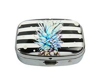LCTCKP Custom Fashion Square Glass Silver Pill Case Decorative Metal Western Medicine Tablet Container Box (Black and White Stripes Pineapple)