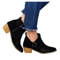 Veodhekai Women Flat Shoes Low Heel Boots Retro Hollow Belt Buckle High Heeled Single Shoes Side Zipper Bare Boots Black
