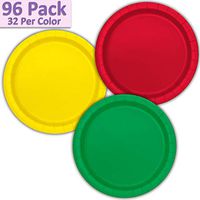 96 Paper Dinner Plates (9") - Red, Neon Yellow, Emerald Green - 32 Per Color, 3 Colors - Great Assortment for Birthday Parties, Weddings, Holidays, Baby Shower, Celebrations, and more