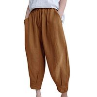 CCatyam Harem Pants for Women, Yoga Trousers Linen Plus Size Belt Pocket Solid Loose Fashion Brown