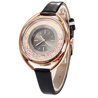 NOMSOCR Women's Metal Casual Diamond Round Dial Quartz Analog Wrist Watch with Leather Band (Black)