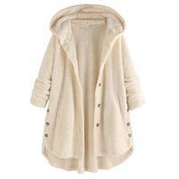 Plus Size Women Hooded Coat Winter Warm Long Sleeve Plush Fleece Jacket Irregular Button Outwear Overcoat Pocket S-5XL (4X-Large, White)