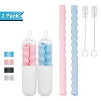 Extra Wide Silicone Drinking Straws, ENUOSUMA 2 Pack Extra Big Size Reusable Collapsible Straws with Carrying Case and Cleaning Brush for Travel Office Home, BPA Free, Pink & Blue 8.86''