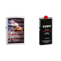 Zippo American Eagle and Flag Pocket Lighter, Brushed Chrome with 12 oz Lighter Fluid