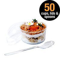 Premium 4.2oz Clear Round Dessert Cup 50 pack with secure Dome Lids and Mini Spoons - Perfect for ice cream, jello shots, snacks or any dessert by HallGEMs