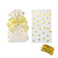 Gold Polka Dot Clear Cello Candy Favor Bags,Cellophane Cookie Treat Plastic Bags,with Gold Twist Ties, Pack of 100