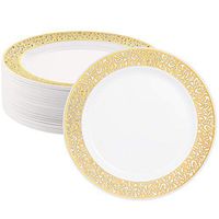 50 Plastic Disposable Dinner Plates | 10.25 inches White with Gold Lace Rim Real China Look | Ideal for Weddings, Parties, & Catering | Heavy Duty & Non Toxic (50-Pack) by BloominGoods