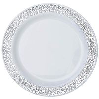 BalsaCircle 20 pcs 10.25-Inch White with Silver Trim Plastic Round Plates - Disposable Wedding Party Catering Tableware