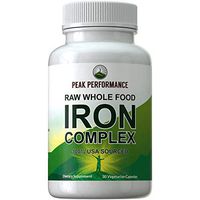 Raw Whole Food Iron Complex Vegan Supplement for Women and Men. Best USA Sourced Iron + Vitamins C, B12, and 25+ Organic Vegetables and Fruits for Max Absorption. Non Constipating Capsules. 30 Pills