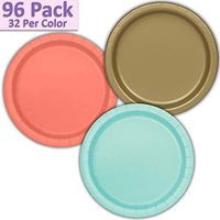 96 Paper Dinner Plates (9") - Gold, Coral, Mint - 32 Per Color, 3 Colors - Great Assortment for Birthday Parties, Weddings, Holidays, Baby Shower, Celebrations, and more