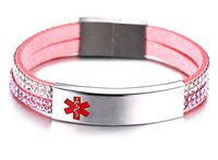 JF.JEWELRY Free Engraving Medical Alert ID Bracelet for Women with 2-Layers Velvet & Rhinestone Link 6.7",Pink