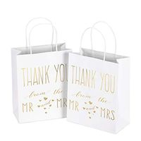 LaRibbons Medium Size Gift Bags - Gold Foil"Mr. and Mrs. Thank You" White Paper Bags with Handles for Wedding, Bridal Shower, Birthday, Baby Shower, Party Favors - 12 Pack - 8" x 4" x 10"