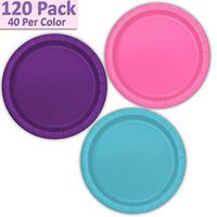 120 Paper Dessert Plates (7") - Hot Pink, Deep Purple, Aqua - 40 Per Color, 3 Colors - Great Assortment for Birthday Parties, Weddings, Holidays, Baby Shower, Celebrations, and more