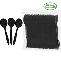 Biodegradable Compostable Bio-based Disposable Spoon - 100 Spoons Large 6" Black - Heavy Duty Heat Resistant Eco Friendly Utensils (100 Count, Spoons, Black)