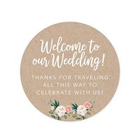 Andaz Press Out of Town Bags Round Circle Gift Labels Stickers, Welcome to Our Wedding Thanks for Traveling to Celebrate with Us, Kraft Brown Tan, 40-Pack, for Destination OOT Gable Boxes