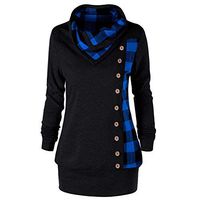 HIRIRI Womens Pullover Sweatshirt Long Sleeve Cowl Neck Button Decor Plaid Lightweight Tunic Top Blouse Blue
