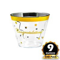 Congratulations Gold Rim Plastic Cups. 100 pack/9 oz, clear golden rimmed cup for cocktails, wine and water. Fancy disposable tumblers for parties, weddings, and special celebrations.