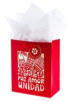 Hallmark VIDA 9" Medium Christmas Gift Bag with Tissue Paper (Ivory Dove on Red; Spanish Text - Paz Amor Unidad)