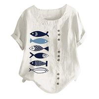 Amlaiworld Women Casual Plus Size Blouse Summer O-Neck Printed T Shirt Loose Button Tunic Shirt Tops White