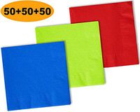 150 Beverage Napkins, Cobalt Blue, Lime Green, Red - 50 Each Color. 2 Ply Paper Cocktail Napkins. 5" folded, 10" unfolded.