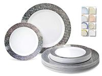 " OCCASIONS " 50 Plates Pack (25 Guests)-Heavyweight Wedding Party Disposable Plastic Plate Set -25 x 10.25'' Dinner + 25 x 7.5'' Salad/Dessert plates (Hollywood White & Silver)