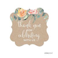 Andaz Press Peach Kraft Brown Rustic Floral Garden Party Baby Shower Collection, Fancy Frame Gift Tags, Thank You for Celebrating with US, 24-Pack