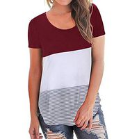 JQjian Women's Short Sleeve Crewneck Stripe Print Shirt Tunic Splice Tops Loose Blouse (L, Red)